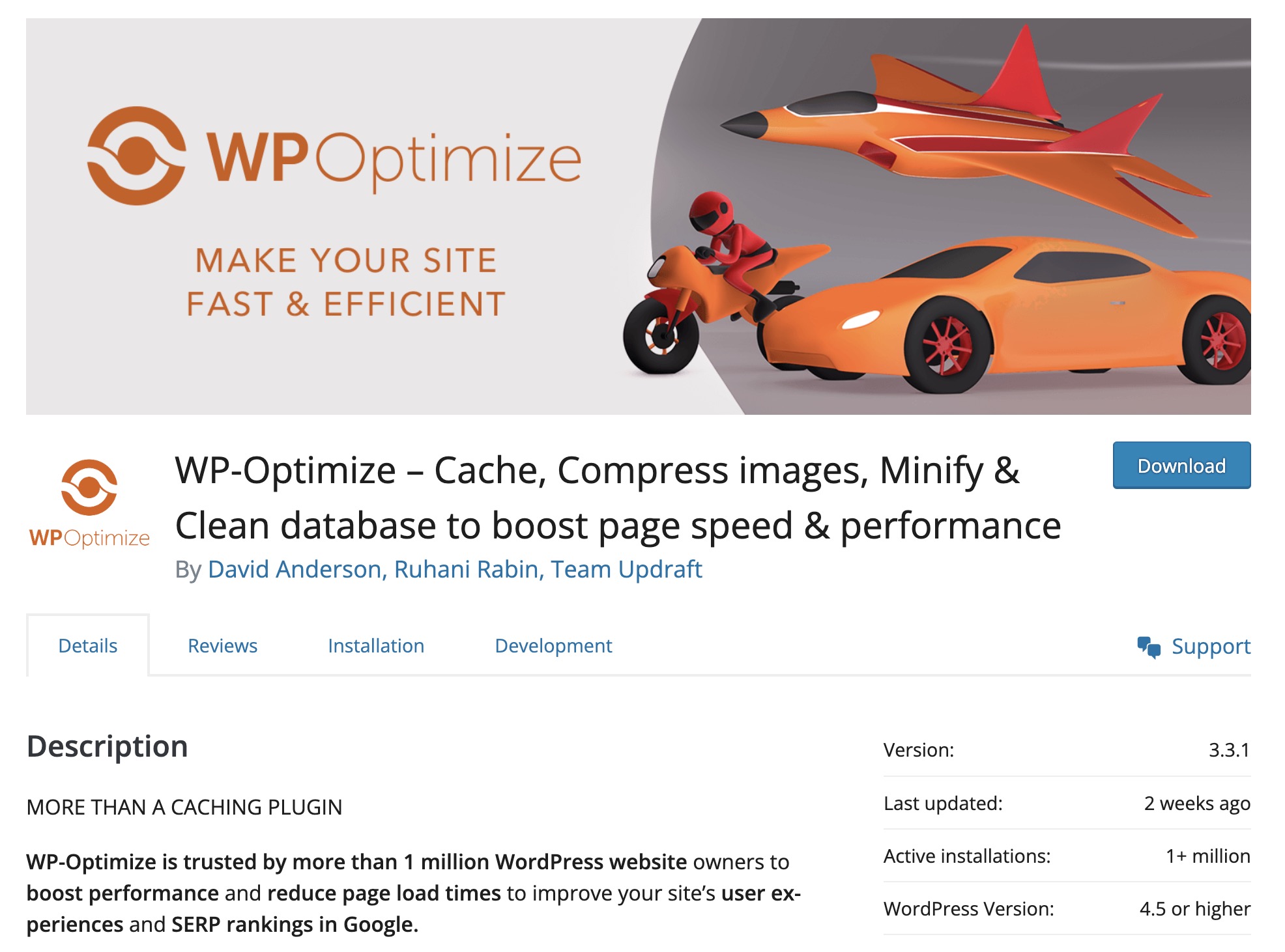 WP Optimize webpage