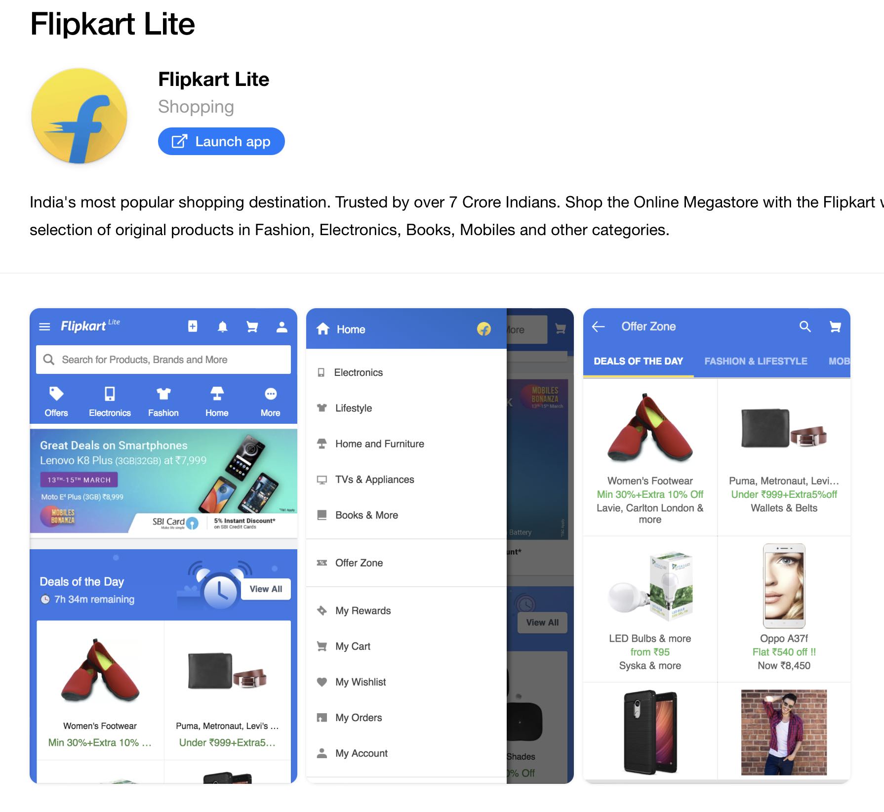 Flipkart Lite PWA shopping interface