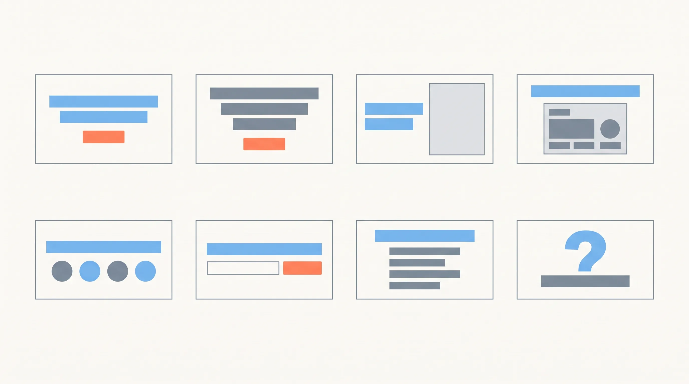A set of eight simple wireframe thumbnails showing different landing page hero section layouts, including headline-plus-form, problem-agitate-solution, product screenshot, and social proof arrangements