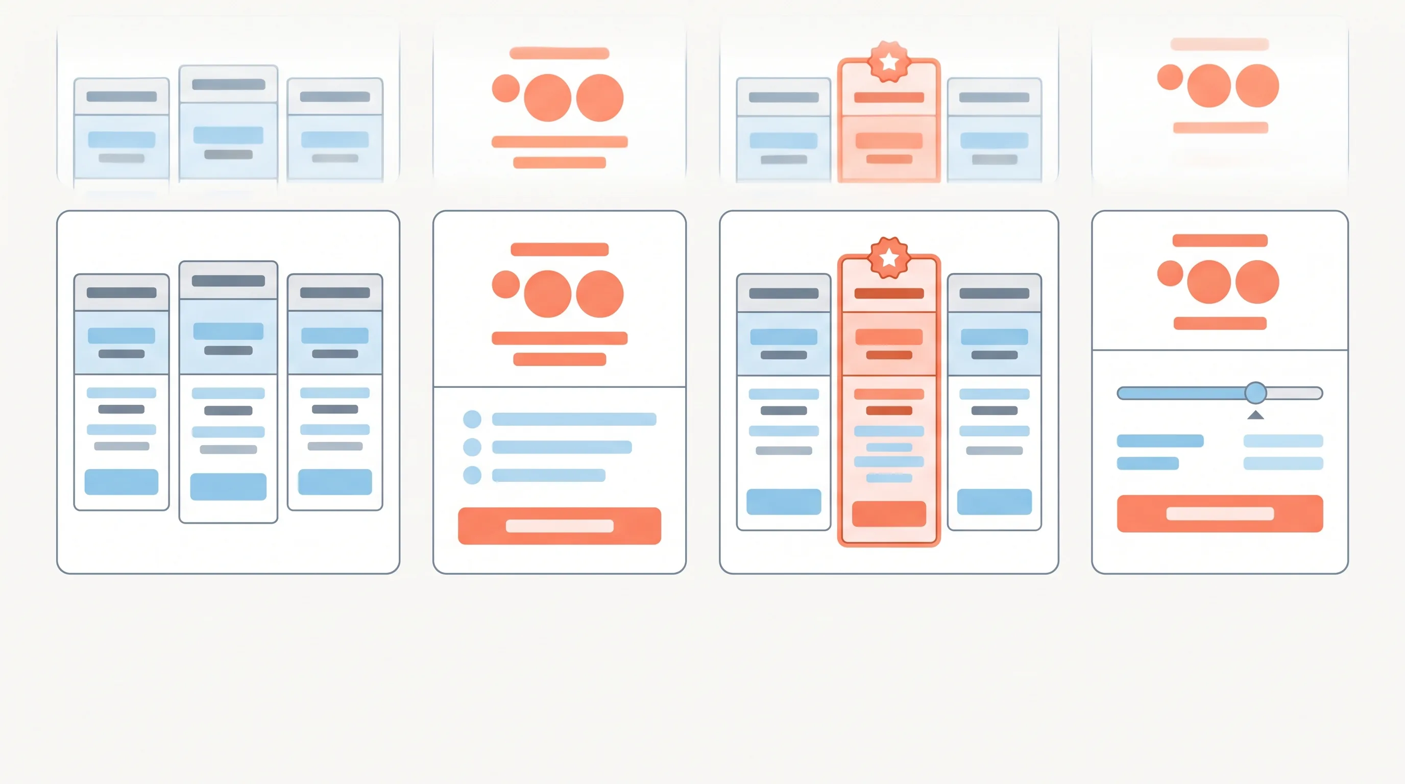 A row of pricing page layout thumbnails: a three-tier table, a single-plan page, a tiered layout with a highlighted recommended middle plan, and a usage-slider layout