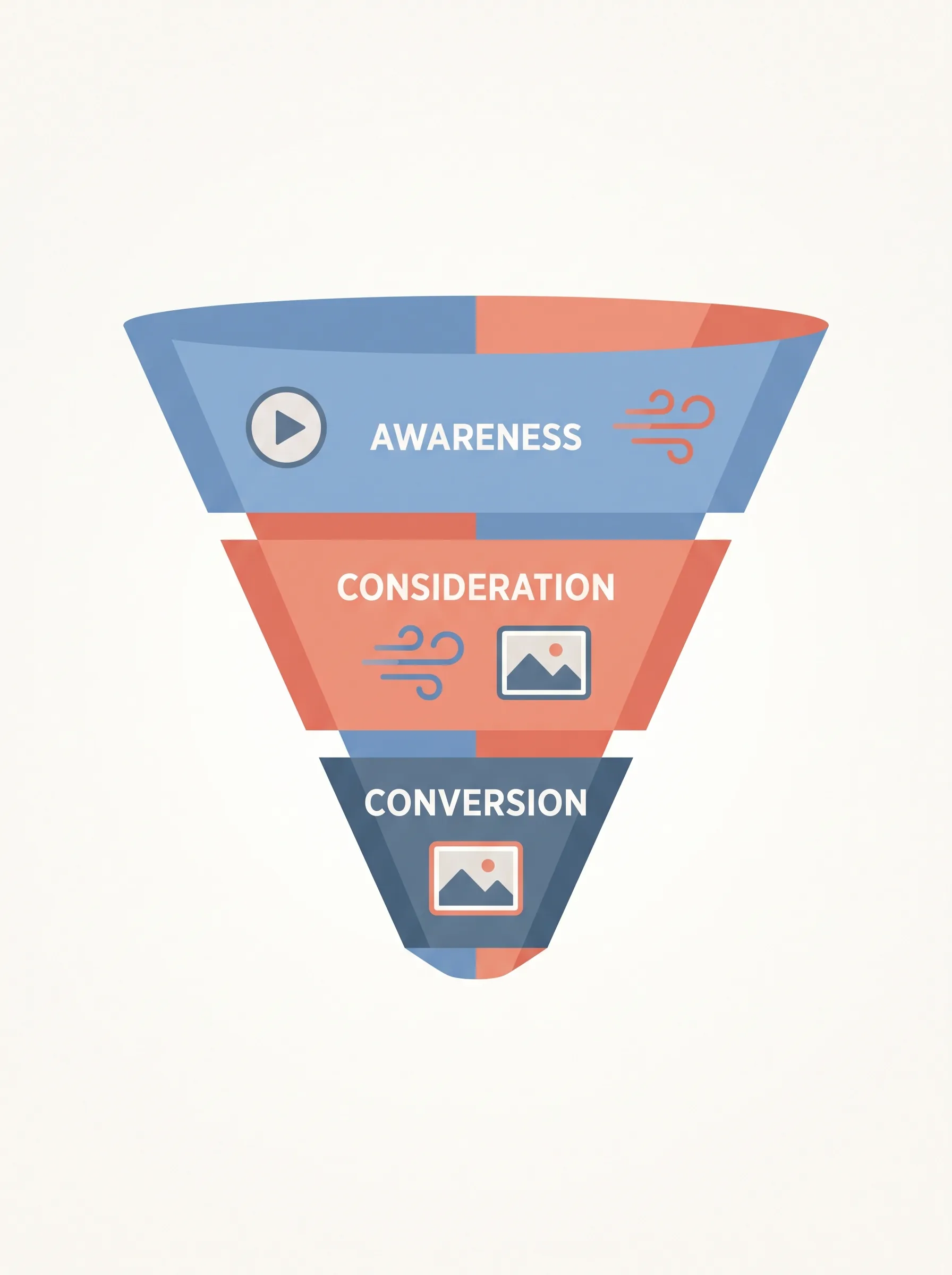 A three-stage funnel with ad formats mapped to each stage: video and motion at the wide top for awareness, motion and static in the middle for consideration, and static at the narrow bottom for conversion