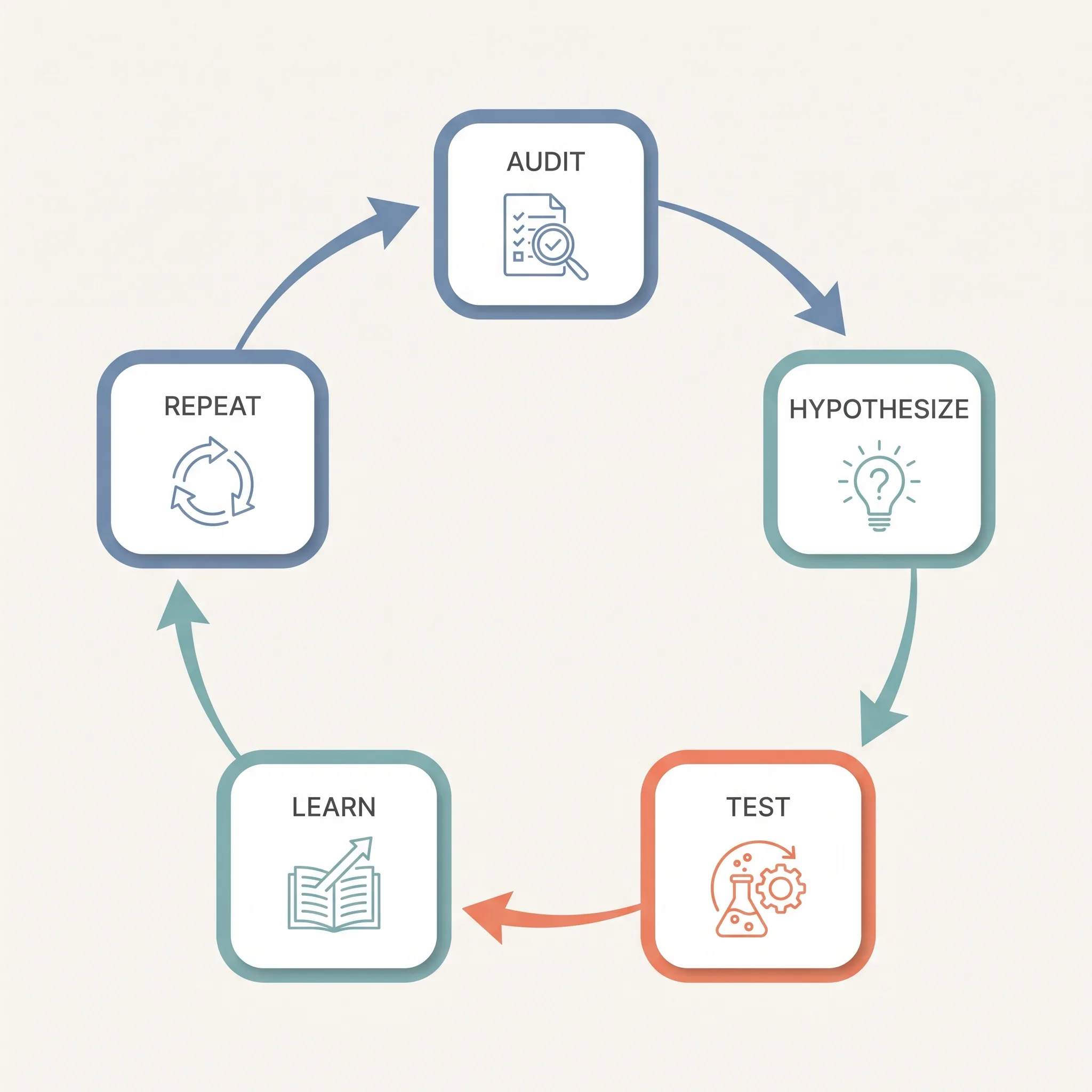 A circular five-stage loop diagram with arrows flowing clockwise between the stages labelled audit, hypothesize, test, learn, repeat, representing a repeating weekly CRO workflow